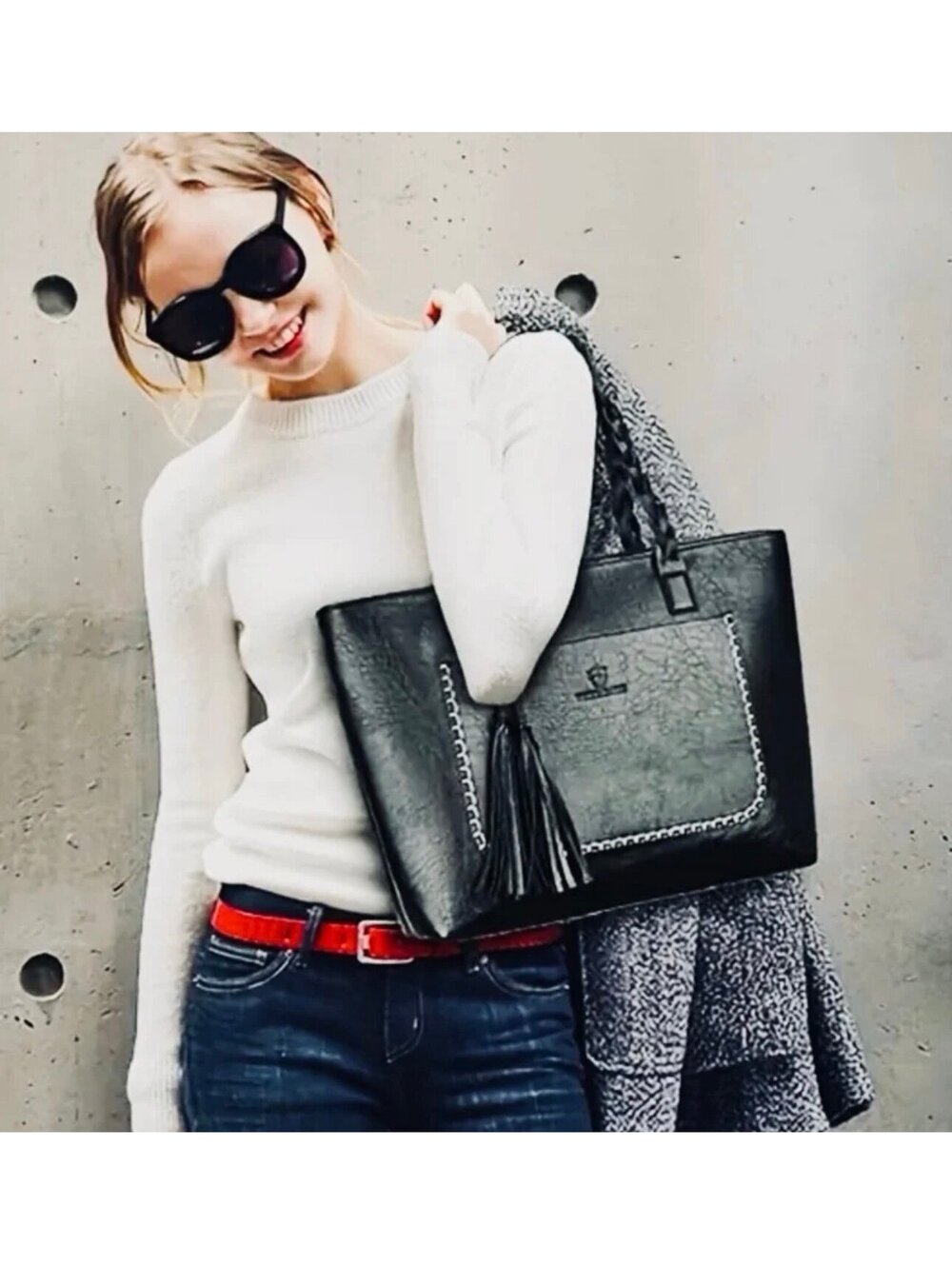 New -Luxury Lightweight Faux Leather Shoulder Bag w/ Tassel Design -Black